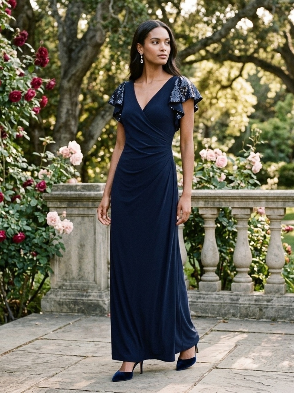 LRL Ralph Lauren Sz 6 Sequin Flutter Sleeve Gathered Waist Blue Maxi Gown Dress